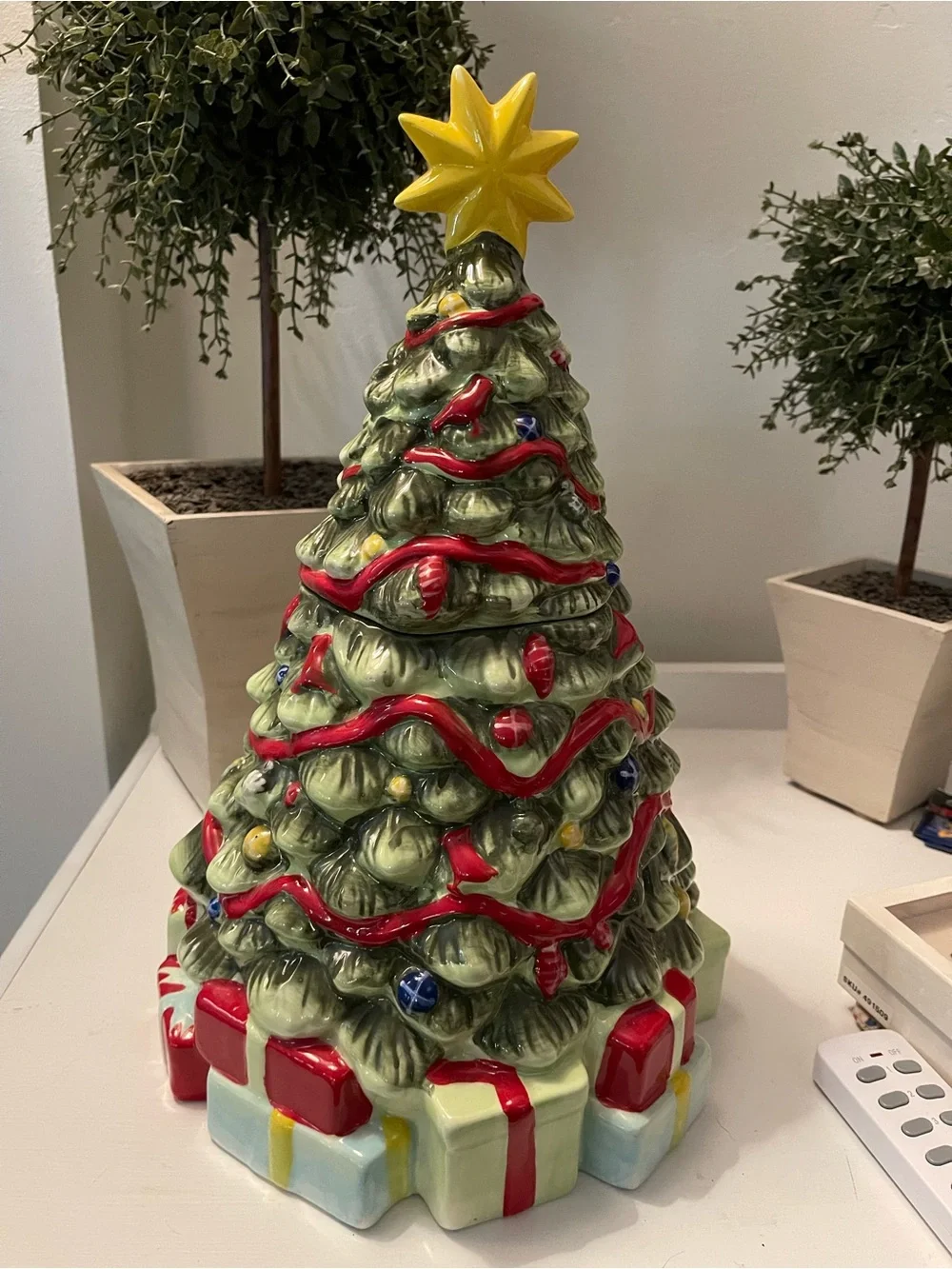Decorative Ceramic Christmas Tree with Yellow Star - Green/Red Holiday Accent